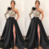 One Shoulder Long Sleeves Prom Dress Split With Appliques